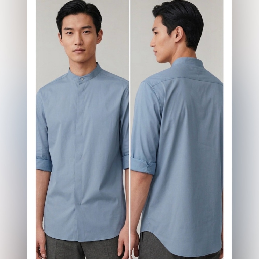 COS men’s Grandad Collar button down Shirt 3/4 sleeve 
Cotton blend light blue L